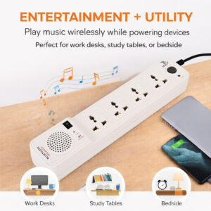 SGJET Bluetooth Speaker 4 Universal Socket Push Button Extension Strip with 2.7m Long Wire